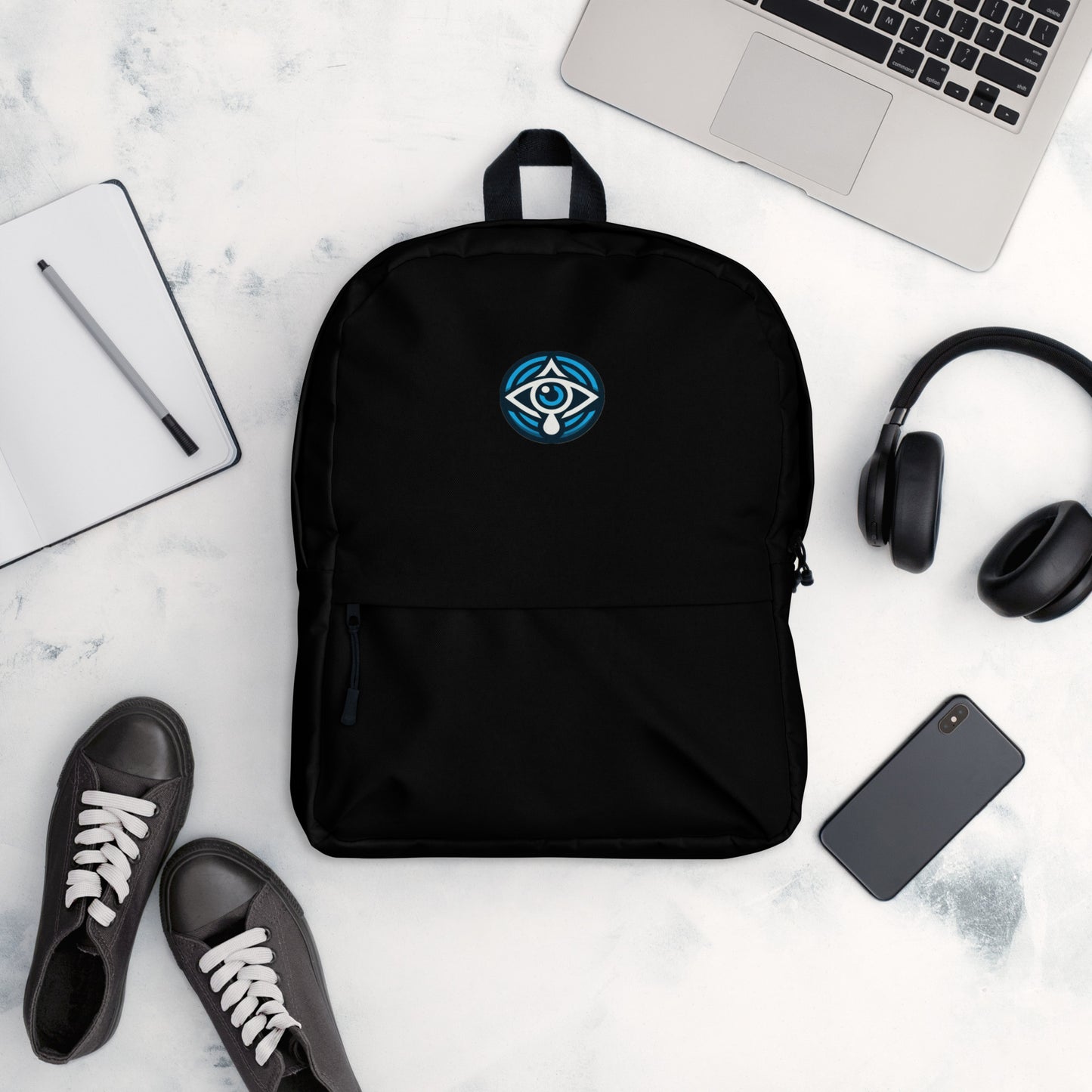 Black Backpack with Blue Round Evil Eye Logo